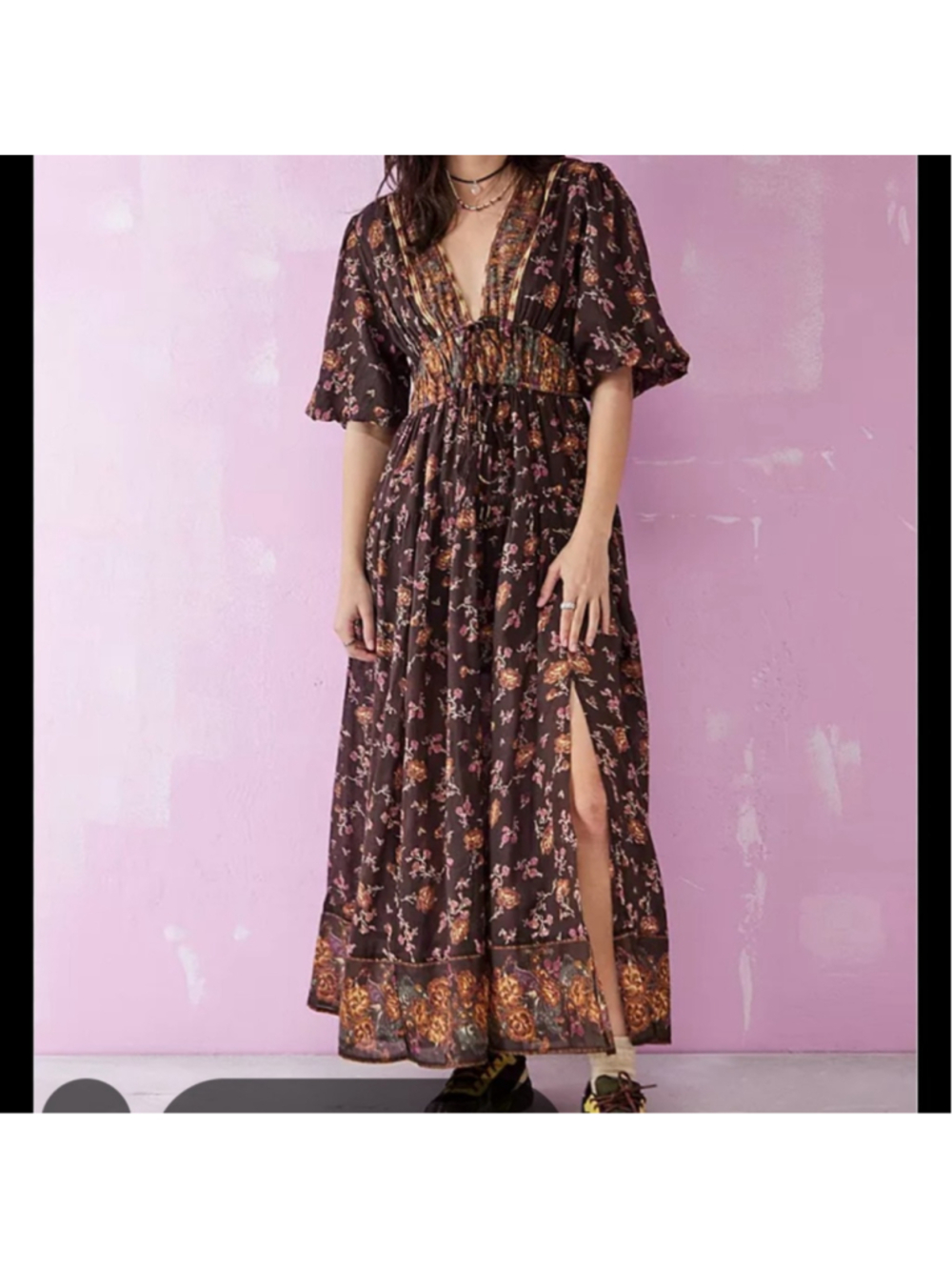 Free People S/P Floral Boho Maxi Dress Deep V Smocked Waist Brown - Picture 10 of 10